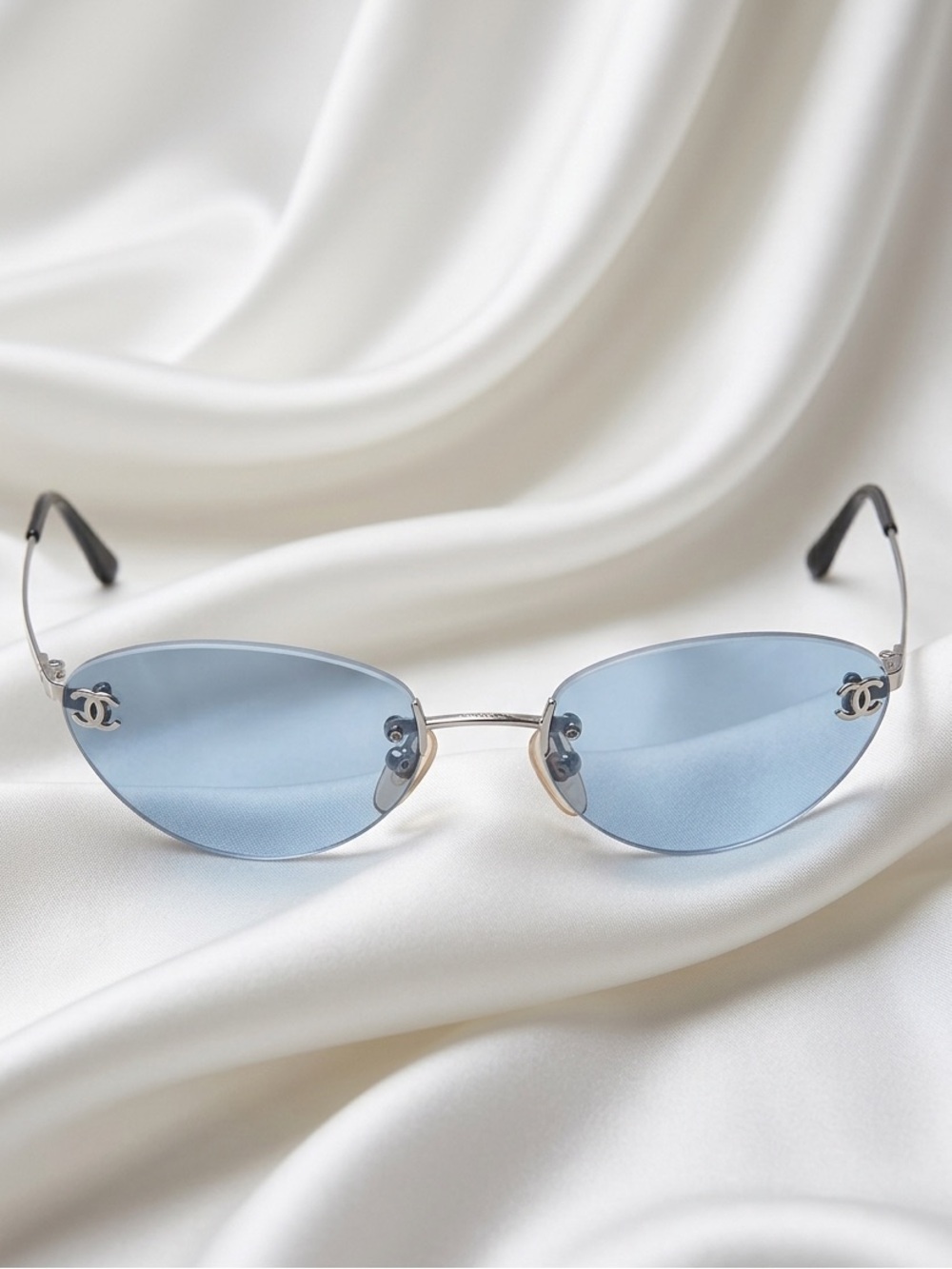 CHANEL🩵Rimless Oval Sunglasses - Light Blue Lenses with Silver Accents